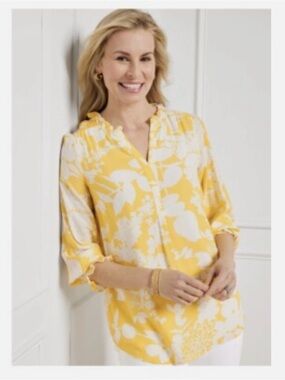 Talbots Yellow & White Floral Ruffle-Trim Tunic Blouse size: LP